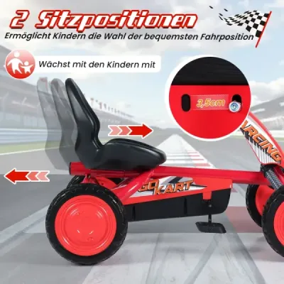 Dětská motokára s nastavitelným sedadlem, pedálem, pneumatikami pro jízdu vpřed a vzad, venkovní, pro děti 3-8 let, červená