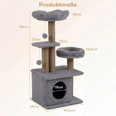 96cm kočičí strom s květinami, plošina, kočičí jeskyně, pelíšek, 2 zvonkové hry, škrabadla, vícepatrová kočičí věž, šedá