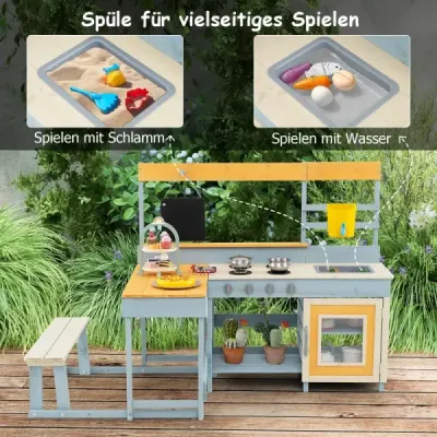 Dětská hliněná kuchyňka, smrkové dřevo, piknikový stůl, lavička, tabule, nádoba na vodu, dřez, venkovní doplňky na zahradu, trávník, vícebarevné