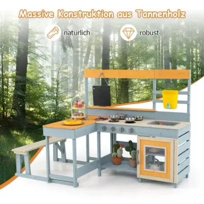 Dětská hliněná kuchyňka, smrkové dřevo, piknikový stůl, lavička, tabule, nádoba na vodu, dřez, venkovní doplňky na zahradu, trávník, vícebarevné