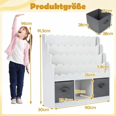 Dřevěná dětská knihovna se 4 policemi, 1 přihrádkou a 2 látkovými zásuvkami, styl Montessori, 90x30x91,5 cm, do dětských pokojů, bílá