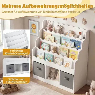 Dřevěná dětská knihovna se 4 policemi, 1 přihrádkou a 2 látkovými zásuvkami, styl Montessori, 90x30x91,5 cm, do dětských pokojů, bílá