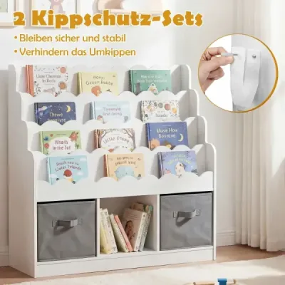 Dřevěná dětská knihovna se 4 policemi, 1 přihrádkou a 2 látkovými zásuvkami, styl Montessori, 90x30x91,5 cm, do dětských pokojů, bílá