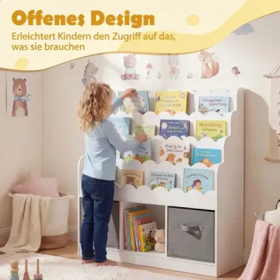 Dřevěná dětská knihovna se 4 policemi, 1 přihrádkou a 2 látkovými zásuvkami, styl Montessori, 90x30x91,5 cm, do dětských pokojů, bílá