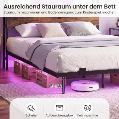 Postel s nabíjecí stanicí a LED osvětlením, čelo postele s úložným prostorem, rám postele s lamelovým roštem, manželská postel
