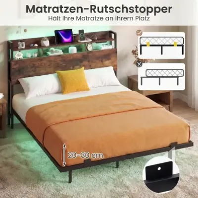 Postel s nabíjecí stanicí a LED osvětlením, čelo postele s úložným prostorem, rám postele s lamelovým roštem, manželská postel