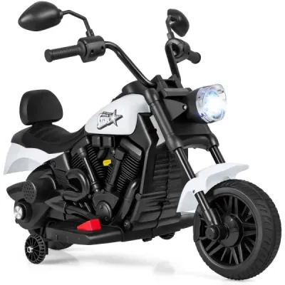 6V Dětská motorka Chopper s hudbou, světlometem, pedálem a 2 pomocnými kolečky bílá