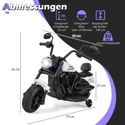 6V Dětská motorka Chopper s hudbou, světlometem, pedálem a 2 pomocnými kolečky bílá
