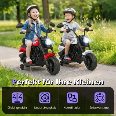 6V Dětská motorka Chopper s hudbou, světlometem, pedálem a 2 pomocnými kolečky bílá