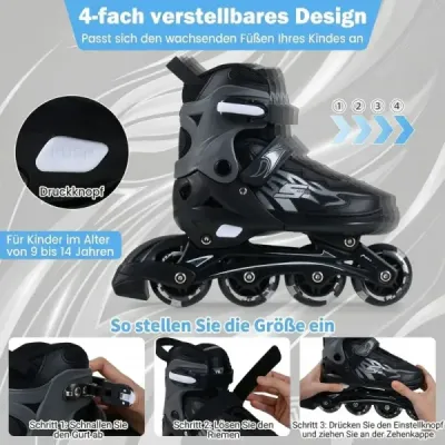 Dětské inline brusle, věk 7-9 let, nastavitelné ve 4 směrech, svítící kolečka použití uvnitř i venku, pro začátečníky, šedé