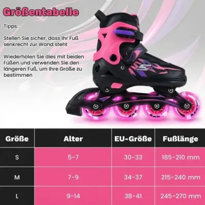 Dětské inline brusle, věk 7-9 let, nastavitelné ve 4 směrech, svítící kolečka použití uvnitř i venku, pro začátečníky, růžové