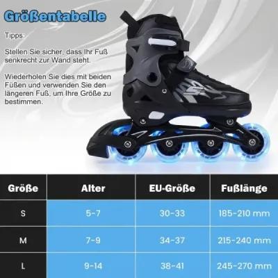 Dětské inline brusle, věk 9-14 let, nastavitelné ve 4 směrech, svítící kolečka pro vnitřní i venkovní použití, pro začátečníky, šedé