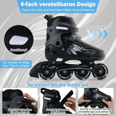 Dětské inline brusle, věk 9-14 let, nastavitelné ve 4 směrech, svítící kolečka pro vnitřní i venkovní použití, pro začátečníky, šedé