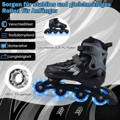 Dětské inline brusle, věk 9-14 let, nastavitelné ve 4 směrech, svítící kolečka pro vnitřní i venkovní použití, pro začátečníky, šedé