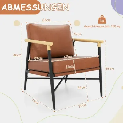 Akcentní křeslo, umělá kůže, opěradlo, kovový rám, křeslo do obývacího pokoje, kancelář, hnědá