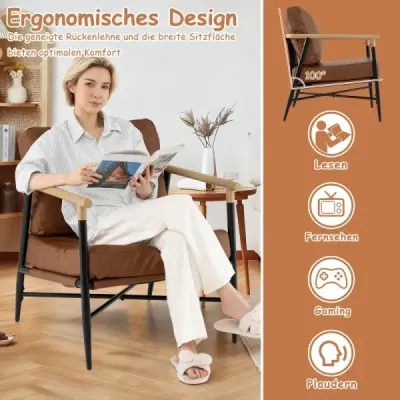 Akcentní křeslo, umělá kůže, opěradlo, kovový rám, křeslo do obývacího pokoje, kancelář, hnědá