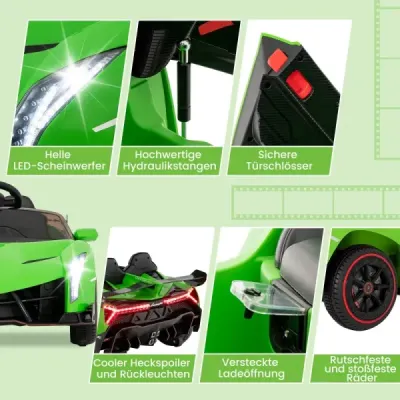 Dětské elektrické auto Lamborghini s dálkovým ovládáním, LED světlomety, klaksonem a hudbou - zelené