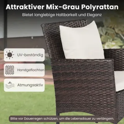 3dílná sada zahradního nábytku: 2 ratanové židle, skleněný stůl, polštáře, venkovní design pro zahradu, verandu, bazén, mix šedá