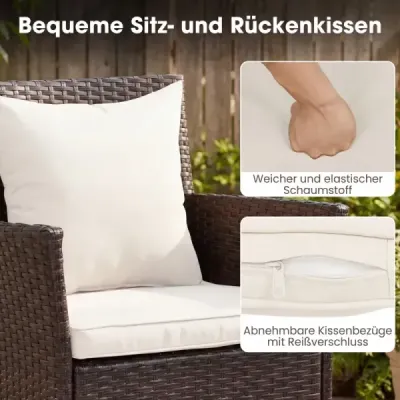 3dílná sada zahradního nábytku: 2 ratanové židle, skleněný stůl, polštáře, venkovní design pro zahradu, verandu, bazén, mix šedá