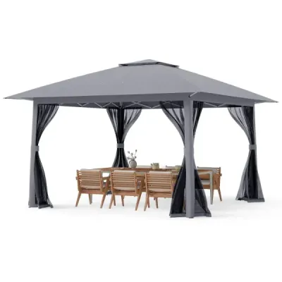 Výsuvný pavilon 394x394cm s drátěnými stěnami, dvojitou střechou, přepravní taškou, snadno sestavitelný, do zahrady, na terasu, šedý