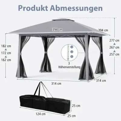 Výsuvný pavilon 394x394cm s drátěnými stěnami, dvojitou střechou, přepravní taškou, snadno sestavitelný, do zahrady, na terasu, šedý