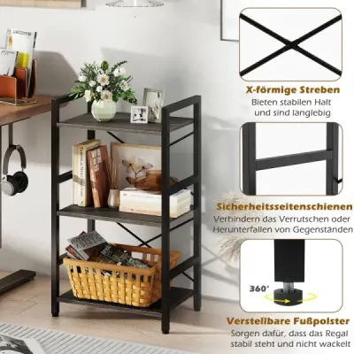 3patrová volně stojící police s kovovým rámem a sadou proti převrácení, průmyslová úložná police, rustikální styl (šedá)