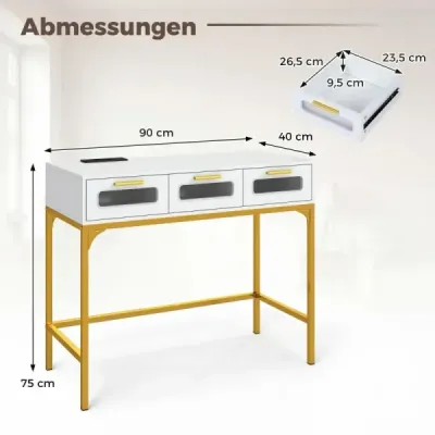 Konzolový stolek, předsíňový stolek s LED osvětlením a nabíjecí stanicí, úzký konferenční stolek, bílý, 90 x 40 x 75 cm