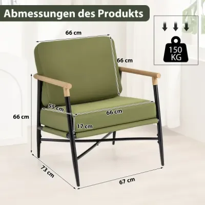 Moderní křeslo s odnímatelnými polštáři, kovový rám, pohodlné do obývacího pokoje, ložnice, kanceláře, zelené