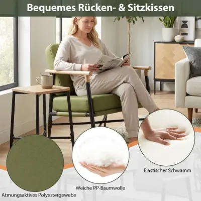 Moderní křeslo s odnímatelnými polštáři, kovový rám, pohodlné do obývacího pokoje, ložnice, kanceláře, zelené