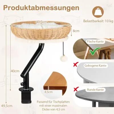 Pelíšek pro kočky, ratan, otočný o 360°, odnímatelný polštář, závěsná koule, vrtání není nutné, přírodní + černá + bílá