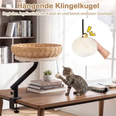 Pelíšek pro kočky, ratan, otočný o 360°, odnímatelný polštář, závěsná koule, vrtání není nutné, přírodní + černá + bílá