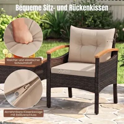3dílná ratanová zahradní sada, akáciový stůl, polštáře do zahrady, na verandu, k bazénu, hnědá