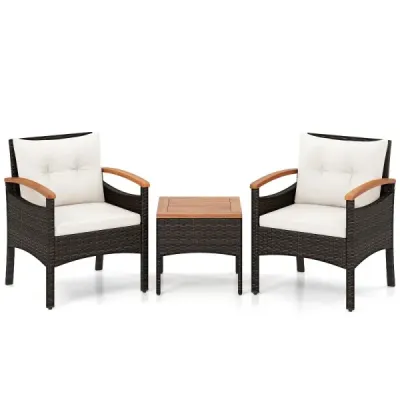3 Teilig Rattan Garten Set Akazientisch Kissen Für Garten Veranda Poolbereich Weiß