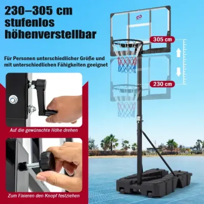 Výškově nastavitelný basketbalový koš 230-305 cm s kolečky pro děti i dospělé, černý