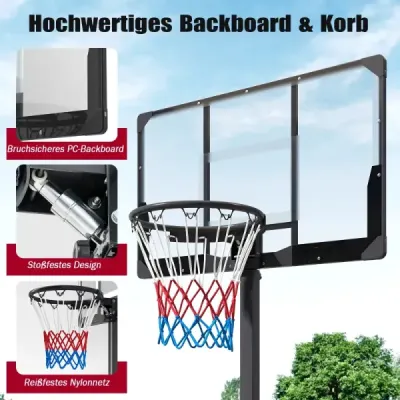 Výškově nastavitelný basketbalový koš 230-305 cm s kolečky pro děti i dospělé, černý