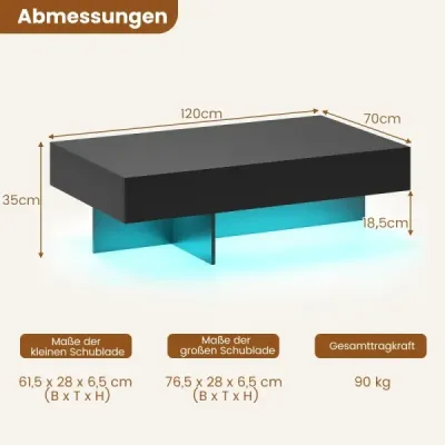 Konferenční stolek s LED osvětlením, vysoký lesk, 3 zásuvky, dálkové ovládání, 120x70x35cm, bílý imitace mramoru, černý