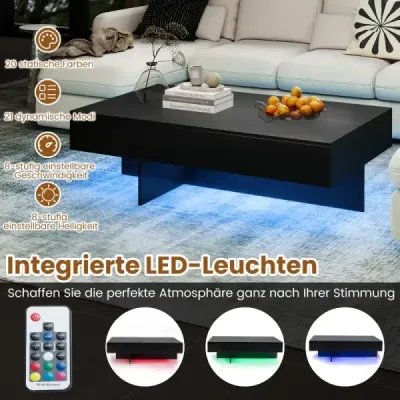Konferenční stolek s LED osvětlením, vysoký lesk, 3 zásuvky, dálkové ovládání, 120x70x35cm, bílý imitace mramoru, černý