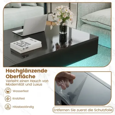 Konferenční stolek s LED osvětlením, vysoký lesk, 3 zásuvky, dálkové ovládání, 120x70x35cm, bílý imitace mramoru, černý