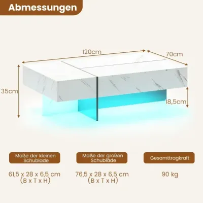 Konferenční stolek s LED osvětlením, vysoce lesklý povrch, 3 zásuvky, dálkové ovládání, 120x70x35cm, obývací pokoj, bílá a černá