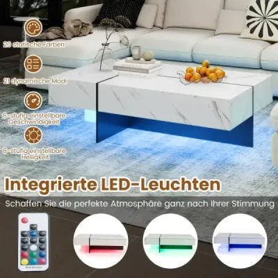 Konferenční stolek s LED osvětlením, vysoce lesklý povrch, 3 zásuvky, dálkové ovládání, 120x70x35cm, obývací pokoj, bílá a černá
