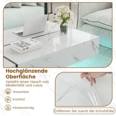 Konferenční stolek s LED osvětlením, vysoce lesklý povrch, 3 zásuvky, dálkové ovládání, 120x70x35cm, obývací pokoj, bílá a černá
