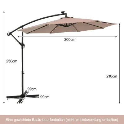 Závěsný slunečník 300 cm, 40 korálků, solární, naklápěcí, křížová základna, klika, do zahrady a k bazénu, světle hnědý