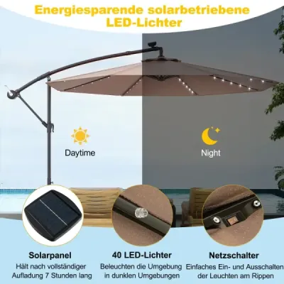 Závěsný slunečník 300 cm, 40 korálků, solární, naklápěcí, křížová základna, klika, do zahrady a k bazénu, světle hnědý