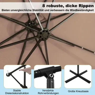 Závěsný slunečník 300 cm, 40 korálků, solární, naklápěcí, křížová základna, klika, do zahrady a k bazénu, světle hnědý