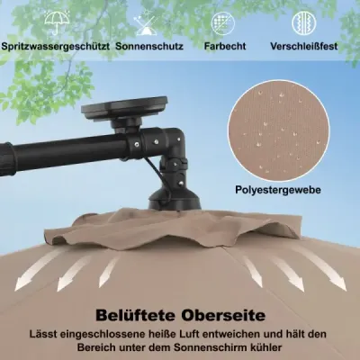 Závěsný slunečník 300 cm, 40 korálků, solární, naklápěcí, křížová základna, klika, do zahrady a k bazénu, světle hnědý