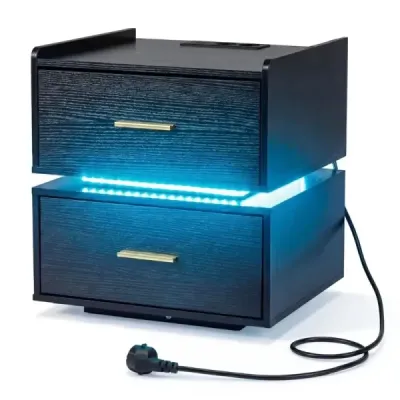 Noční stolek s nabíjecí stanicí LED, 2 zásuvky, moderní, částečně zavěšený, s kovovou nohou, černý