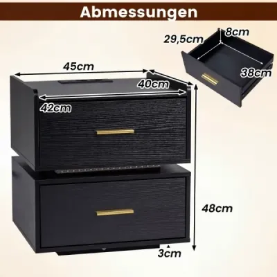 Noční stolek s nabíjecí stanicí LED, 2 zásuvky, moderní, částečně zavěšený, s kovovou nohou, černý