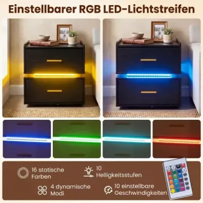 Noční stolek s nabíjecí stanicí LED, 2 zásuvky, moderní, částečně zavěšený, s kovovou nohou, černý