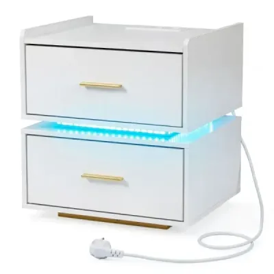 Noční stolek s nabíjecí stanicí a LED osvětlením, 2 zásuvky, moderní, částečně zavěšený, kovová podnož, bílý