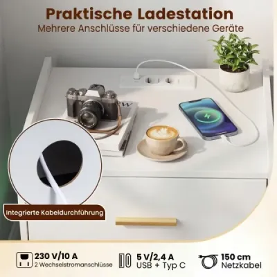 Noční stolek s nabíjecí stanicí a LED osvětlením, 2 zásuvky, moderní, částečně zavěšený, kovová podnož, bílý